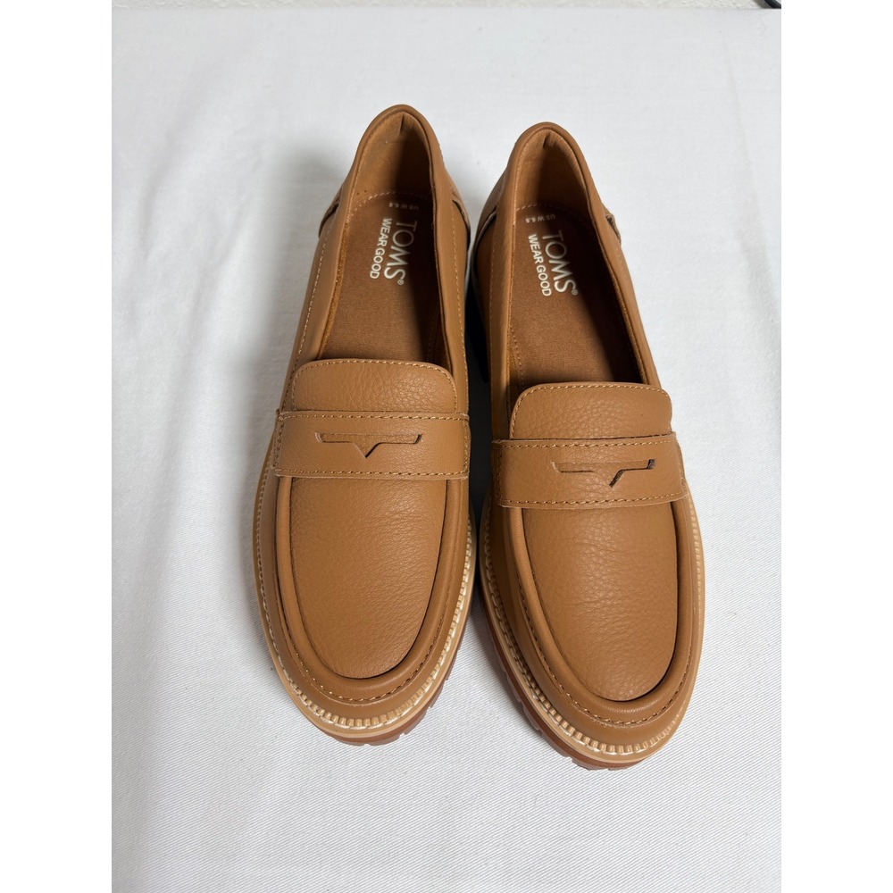 TOMS Leather Penny Loafers 8.5 Tan Brown Lug Sole Slip On Shoes new